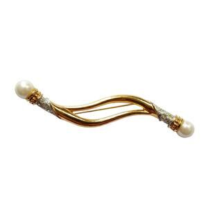 Avon Long Bar Pin Pearl & Pave Rhinestone Brooch Gold Tone Vintage 80s